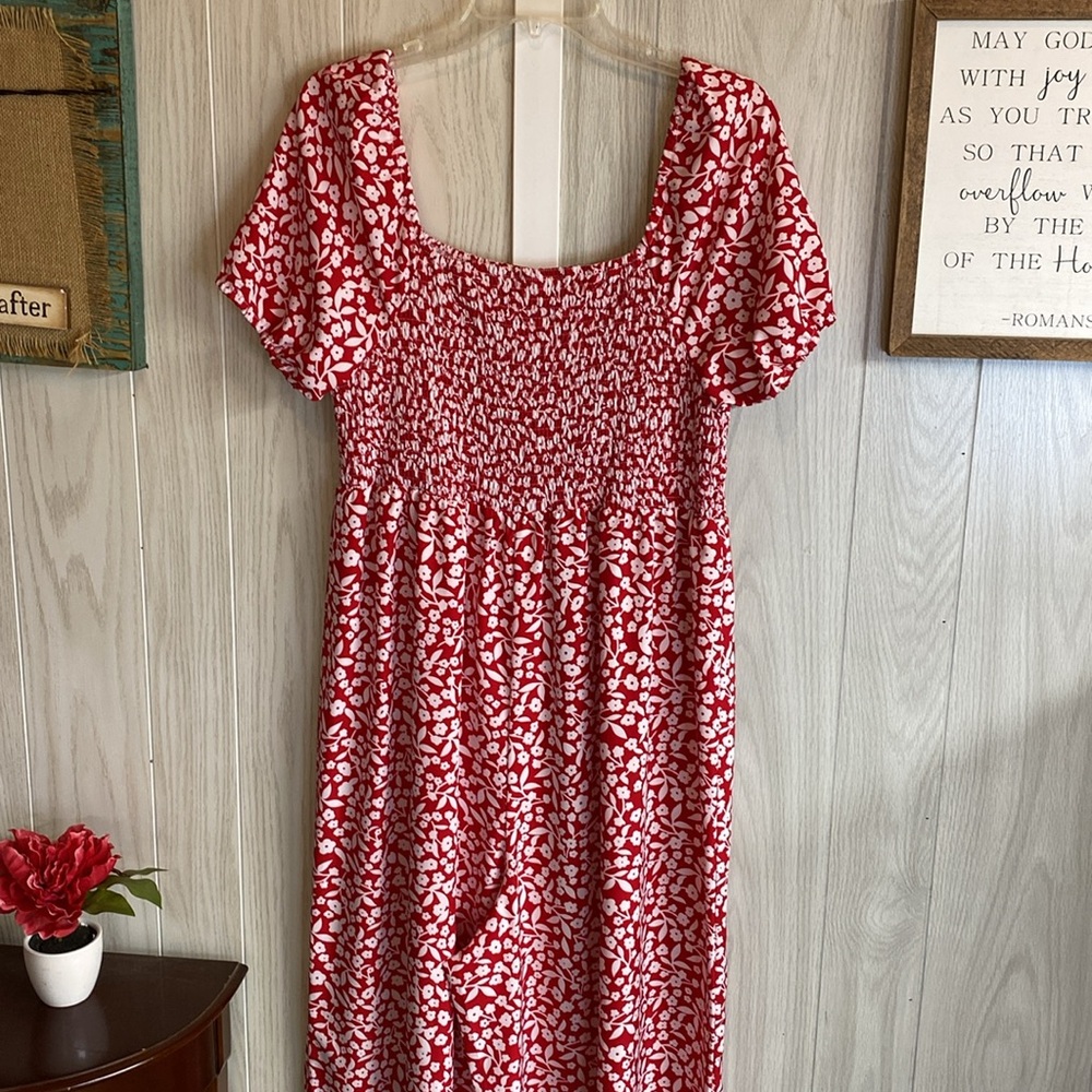 SHEIN Red and White Puff Sleeve Maxi wide leg Romper - Picture 4 of 7
